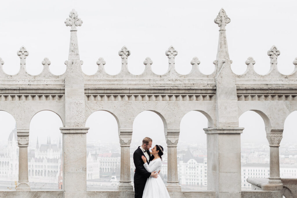 Armenian bride and Latvian groom photo session at Fishermans Bastion, Budapest.